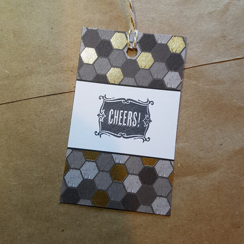 handmade Christmas gift tag gold grey hexagons stamped Cheers