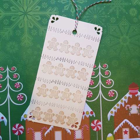 handmade stamped Christmas gift tag gingerbread men strings of lights